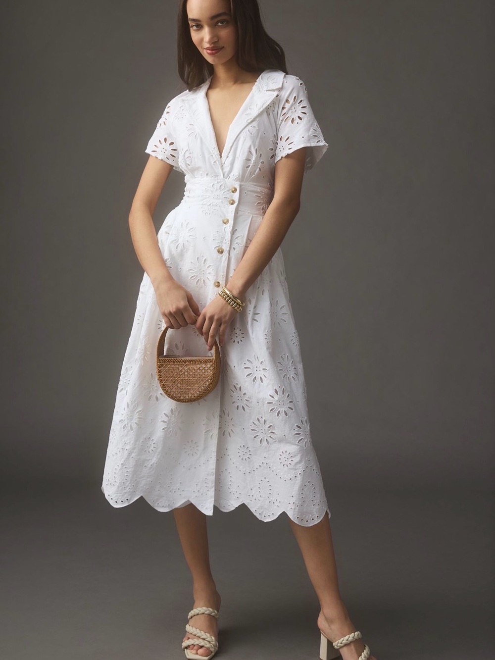 Anthropologie White Cotton Eyelet Maxi Shirt Dress Size Large